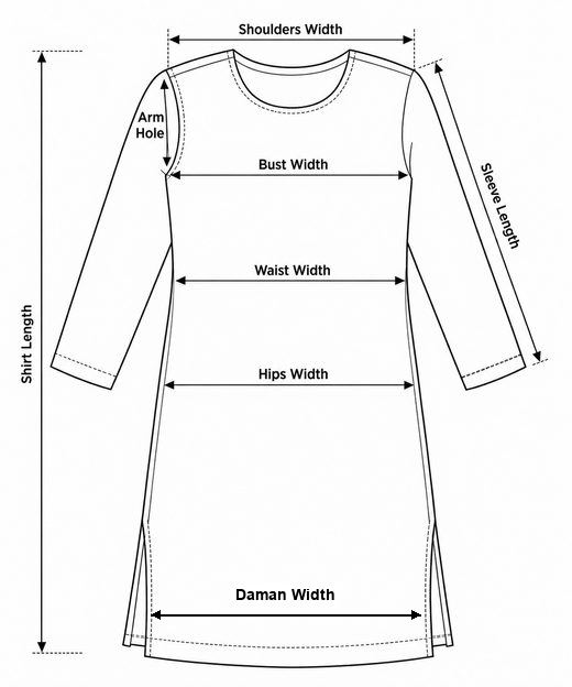 Shirt measurement guide showing daman width at the shirt bottom